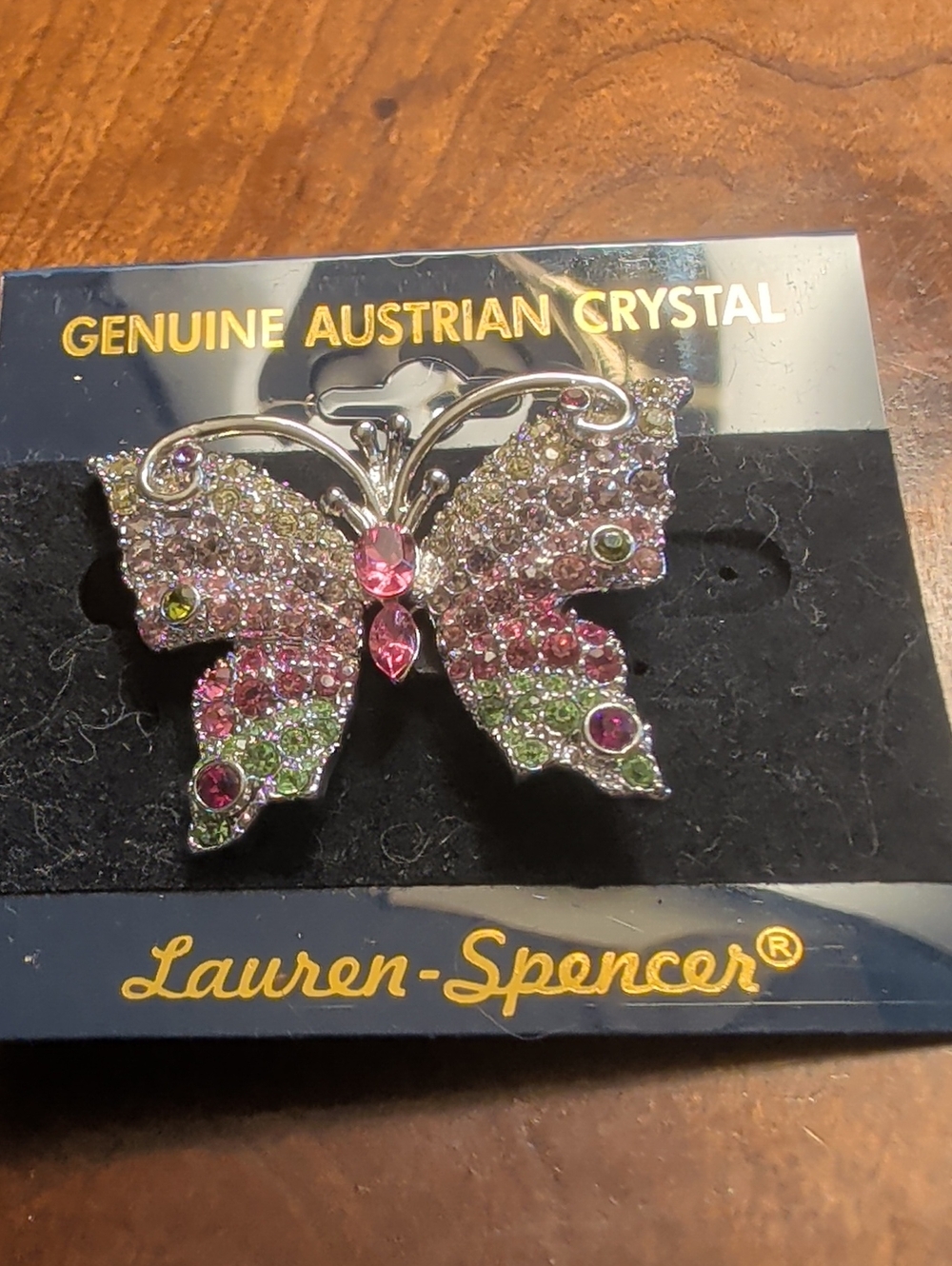 Austria Crystal Butterfly Brooch Pink 1.5" Pin Green Pink Crystals Shine Bling